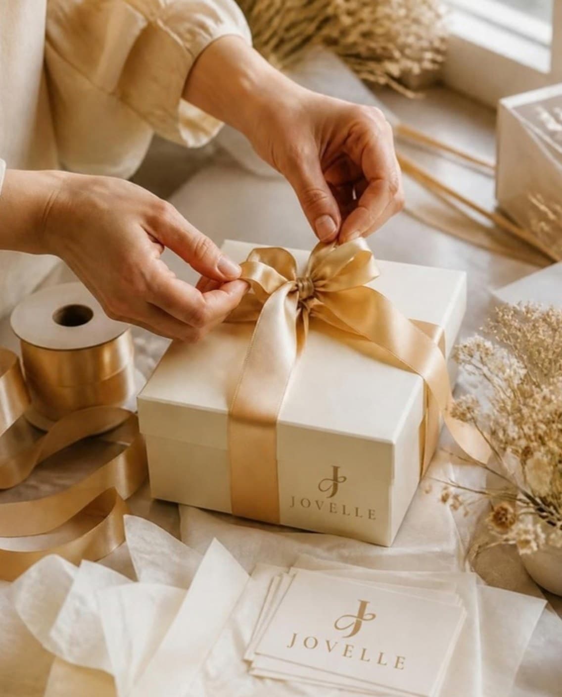 Hands tying a gold satin ribbon on a cream gift box