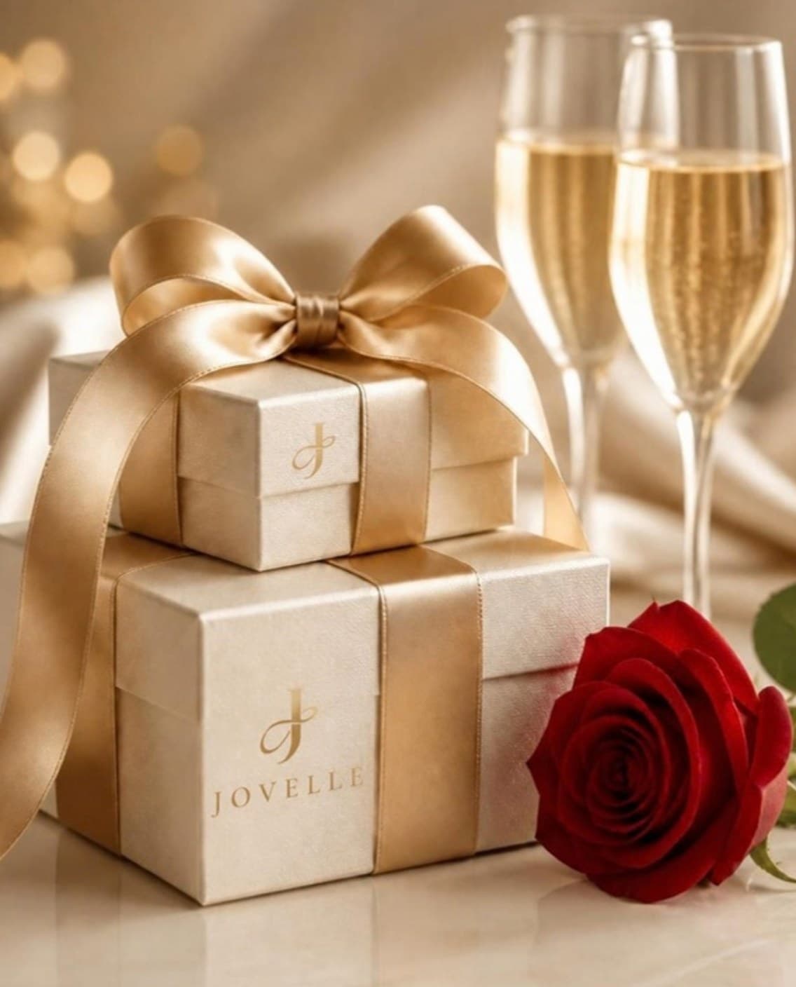 Two cream gift boxes tied with one gold ribbon beside a red rose