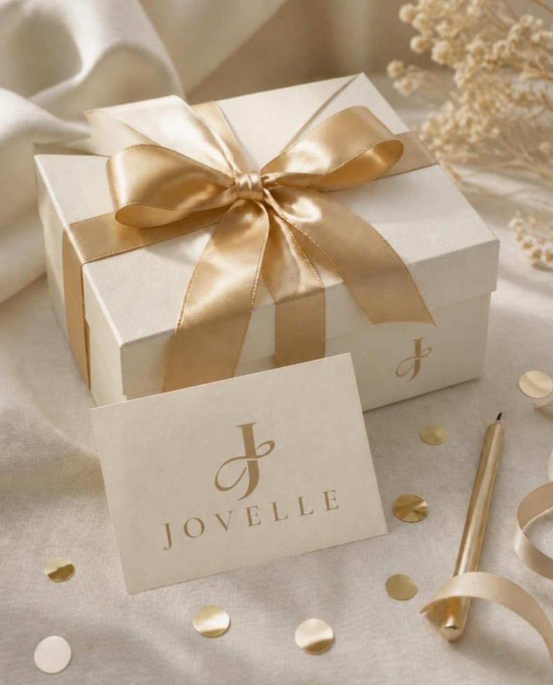 Cream birthday gift box with a gold ribbon, a Jovelle card and gold confetti