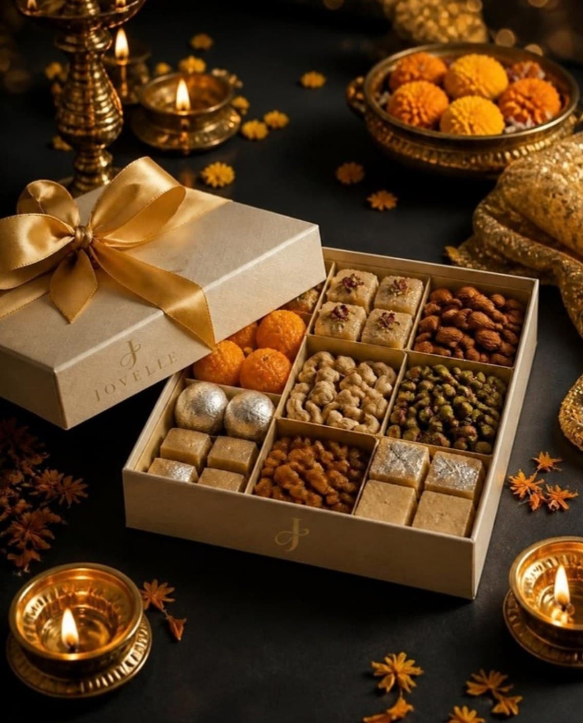 Festive gift box of sweets and dry fruits beside glowing brass diyas