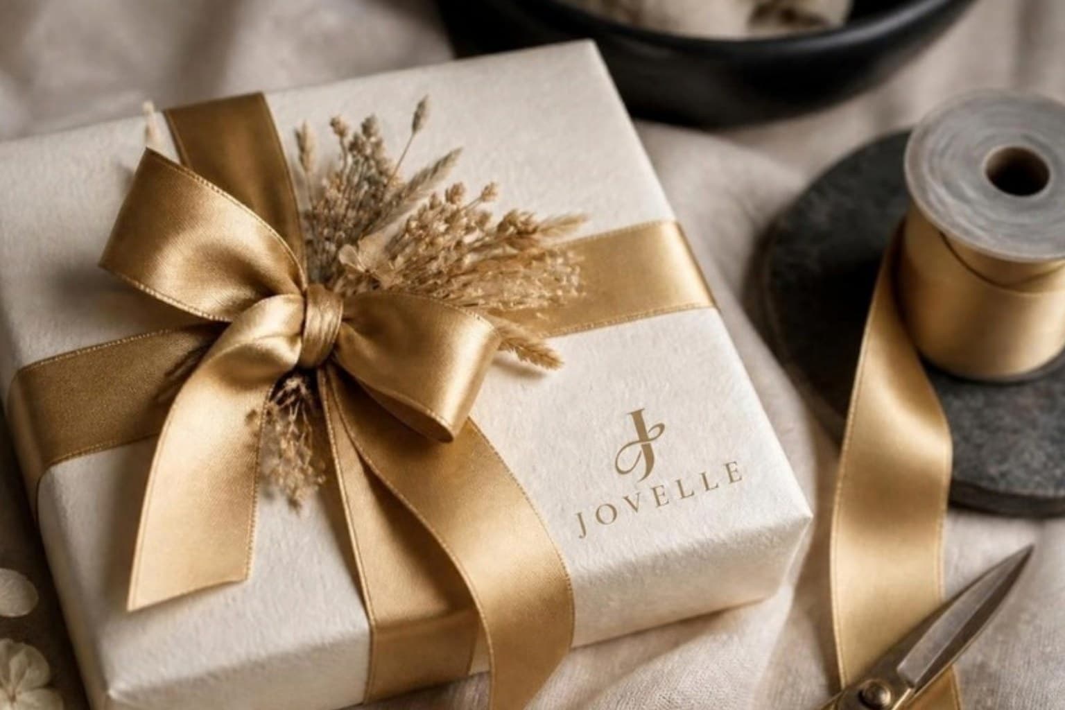 A gift wrapped in ivory paper with a gold satin bow and dried flowers, beside a ribbon spool