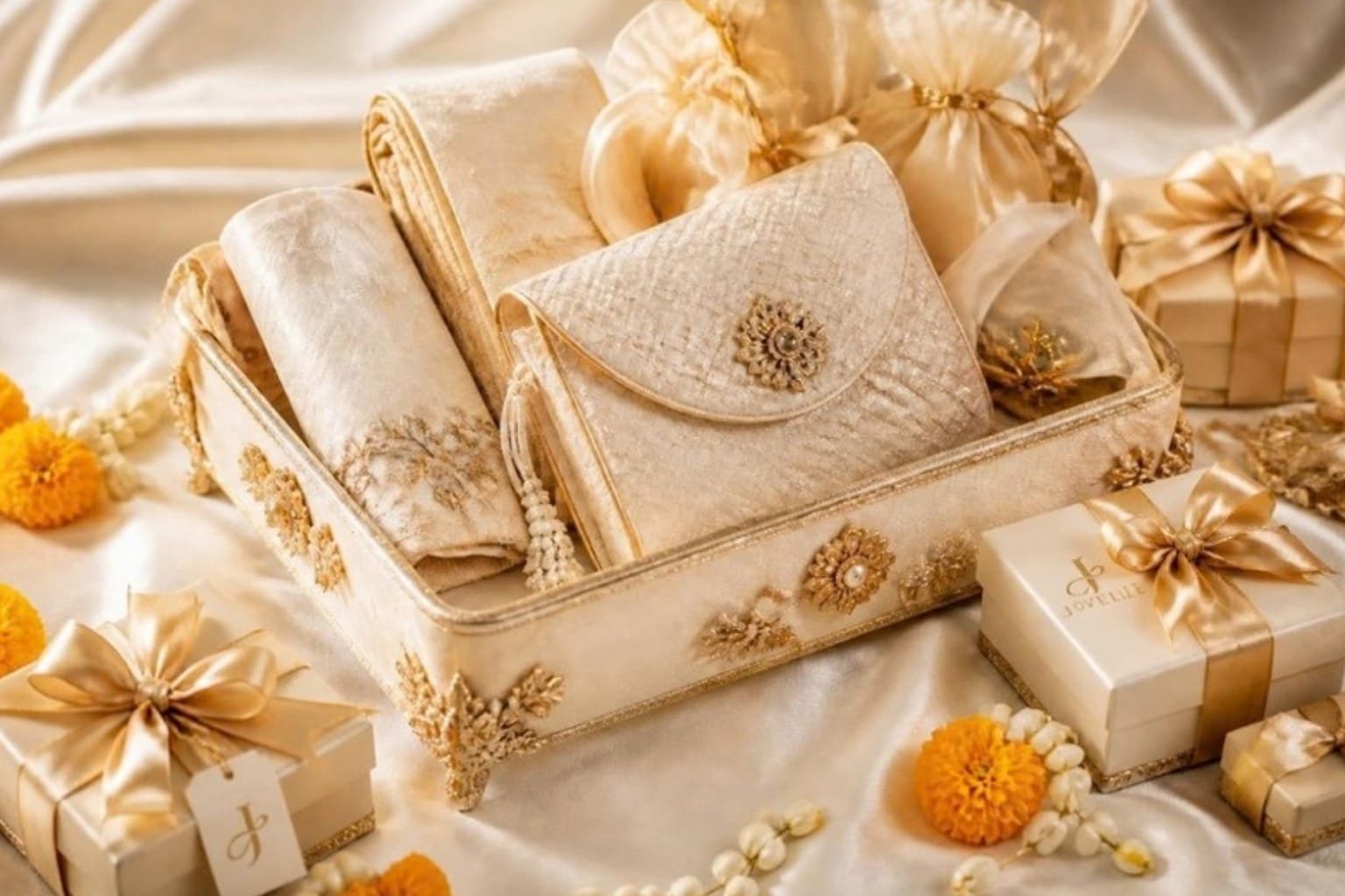 Ivory wedding trousseau boxes and favours with gold ribbons and marigold flowers